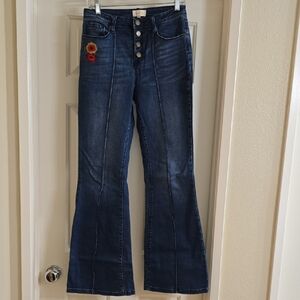 Modcloth Dark Blue Flare Jeans with Floral Accents